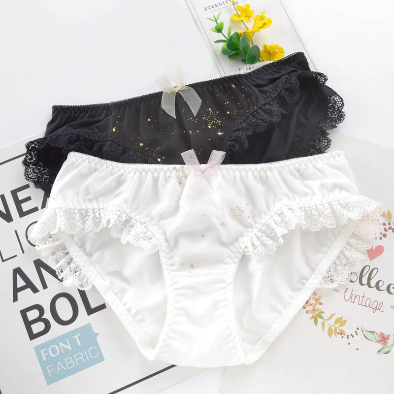 

Exquisite Star Cute Girl Panties Milk Silk Lovely Sweety Style Women Underwear Low Waist Lace Bow Princess Style Lady Panties, White