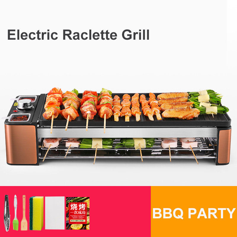 

Rectangle Double Layers 1300W 1600W Optional Smokeless Electric Pan Grill BBQ Grill Raclette Electric Griddle