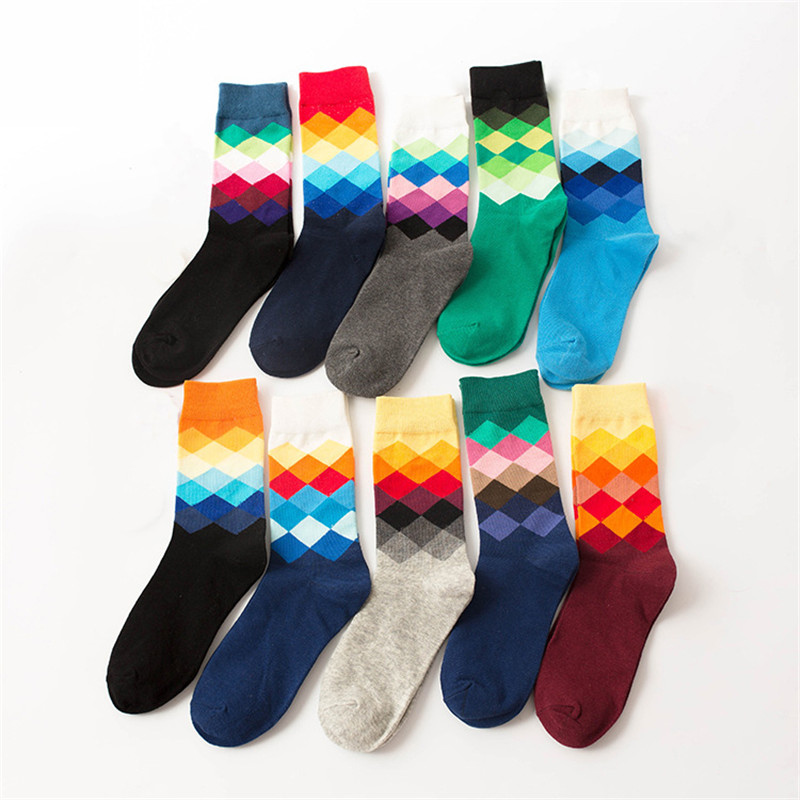 Mens Athletic Cushion Crew Sock Plaid printing diamond Gradient color Long Sock Sports