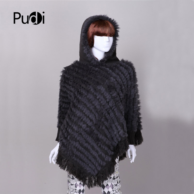 

F140612 fur poncho hooded with fabric handmade Europe shawl knitted fur hooded cape 4colors, Black
