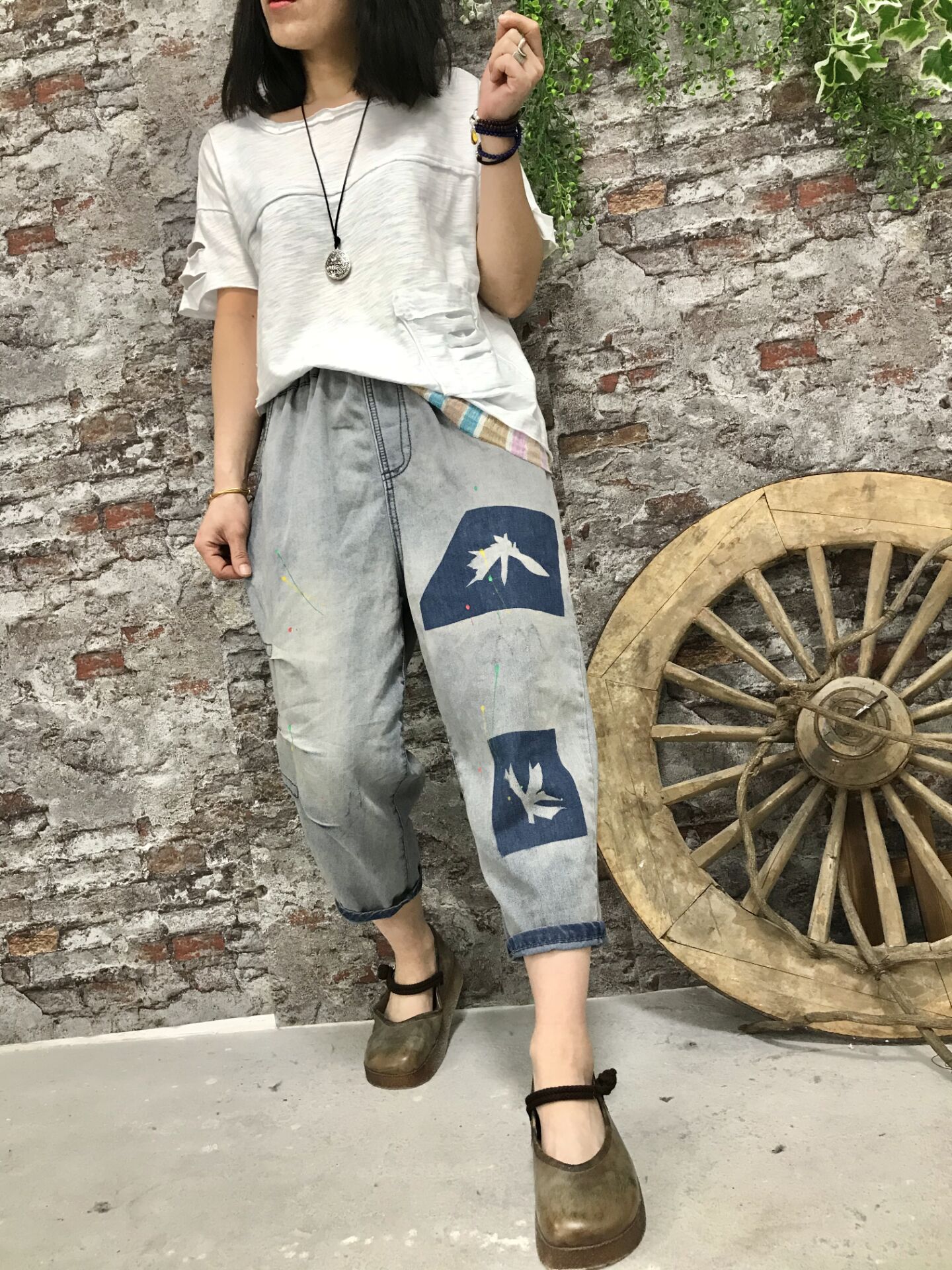 

Lavender Haroun Pants Female Western Style Leisure Elastic Waist Jeans Bk4609