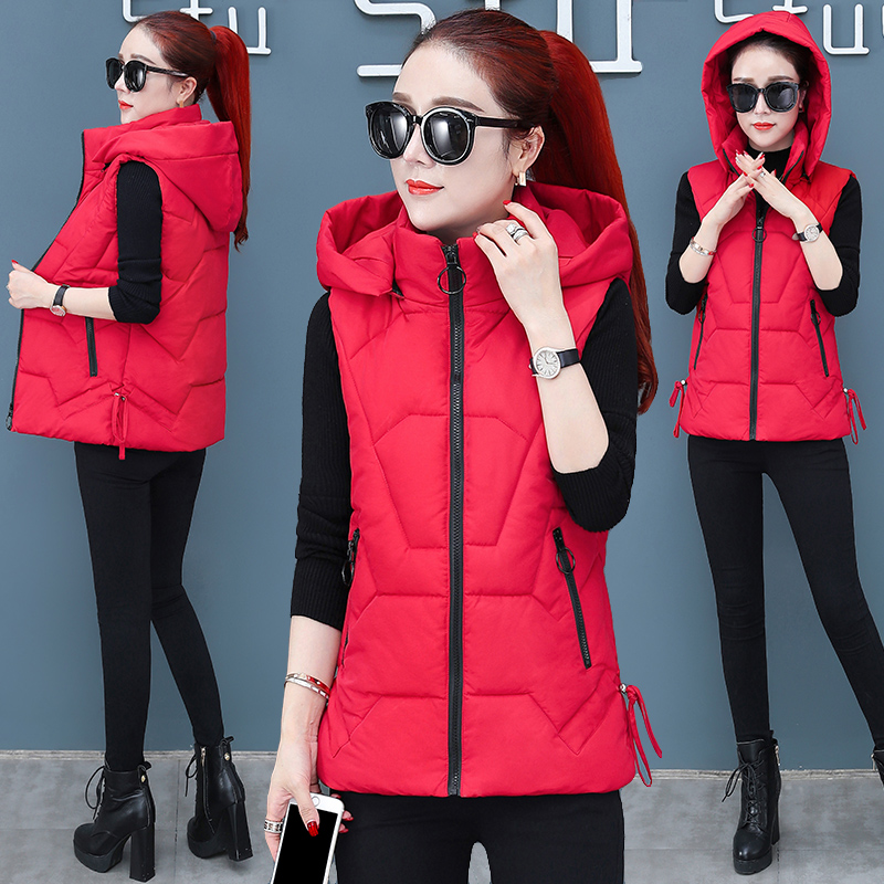 

Autumn and winter new down cotton women's short section Slim detachable cap cotton coat vest size S-XL, White