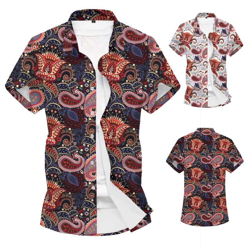 

Mens shirt Streetwear Casual Hawaiian Short sleeve Shirt men Loose Lump Chest Button Round Hem Male Blouse Top Camisa masculina, Black