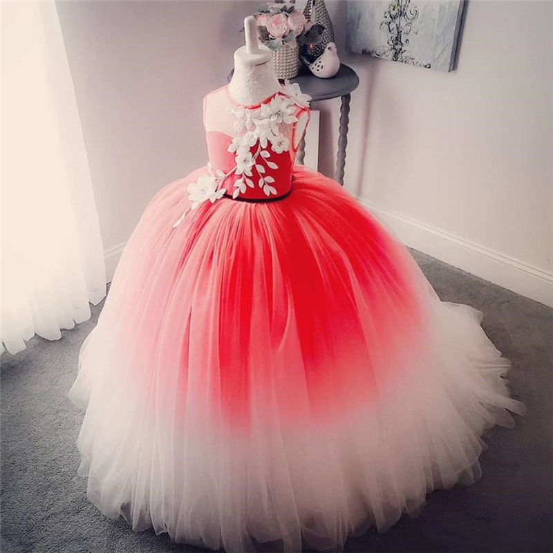 

Real Picture Ball Gown Flower Girl Dress Sheer Neck Puffy Tulle Backless Kids Birthday Party Dresses, Red