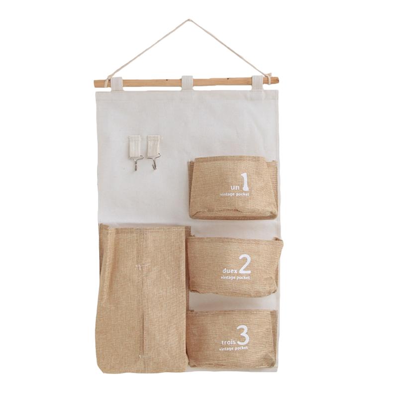 

Linen Cotton Wall Muitiple Pockets Storage Bag Cute Door Back Hanging Sundries Cloth Organizer for Home Decor, Pink