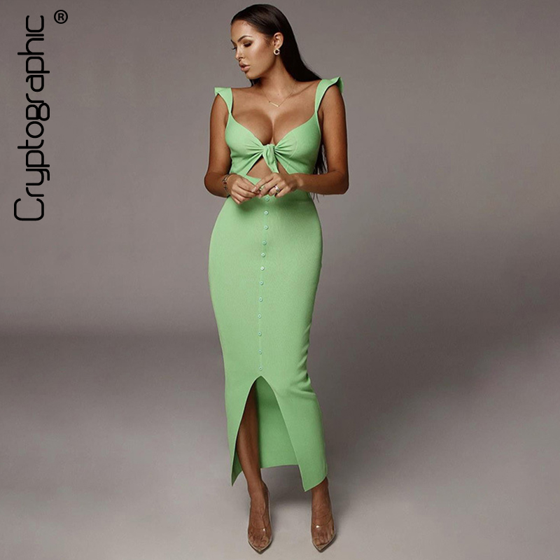 

Cryptographic Button Sexy Cut-Out Bow Split Maxi Dresses Sleeveless Party Night Club Christmas Dress Bodycon Backless Vestido, Green