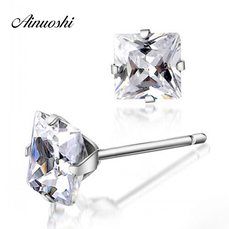 

100% 925 Real Sterling Silver Earring Four Claws Cubic Zirconia Square Princess Cut Jewelry for Women Men Square Stud Earring Y200106