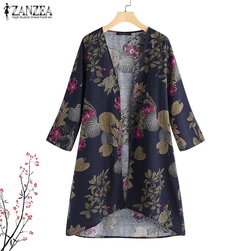 

2019 ZANZEA Women Cardigan Summer Vintage Bohemian Kimono Casual Loose Floral Cotton Linen Blouses Shirts Outwear Tops Plus Size, White