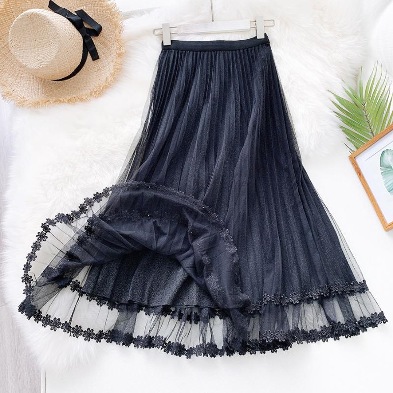 

2020 Spring Summer Long Skirt WF0038 Women Clothes Black Blue Pink Embroidered Beaded Lace A-line Tulle Women Skirt