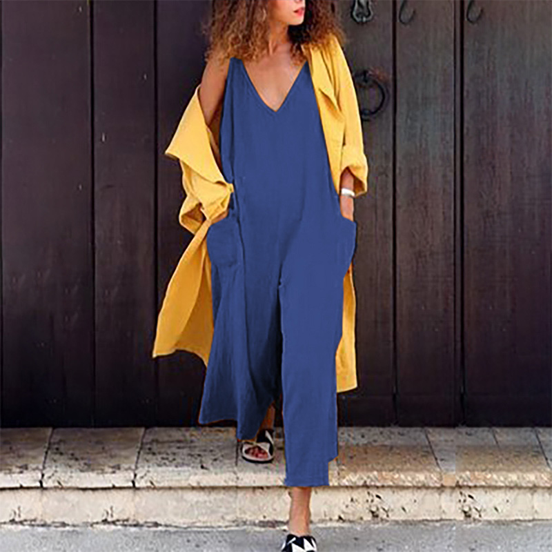 

2019 New Ladies Casual Loose V-Neck Sleeveless Pocket Plus Size Jumpsuit, Gray