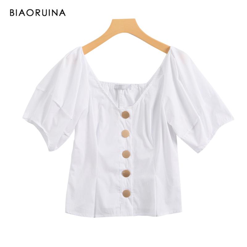 

BIAORUINA Women Fashion All-match Short-sleeved V-neck White Short Shirt Female Single Breasted Korean Style Slim Casual Blouse, As pic