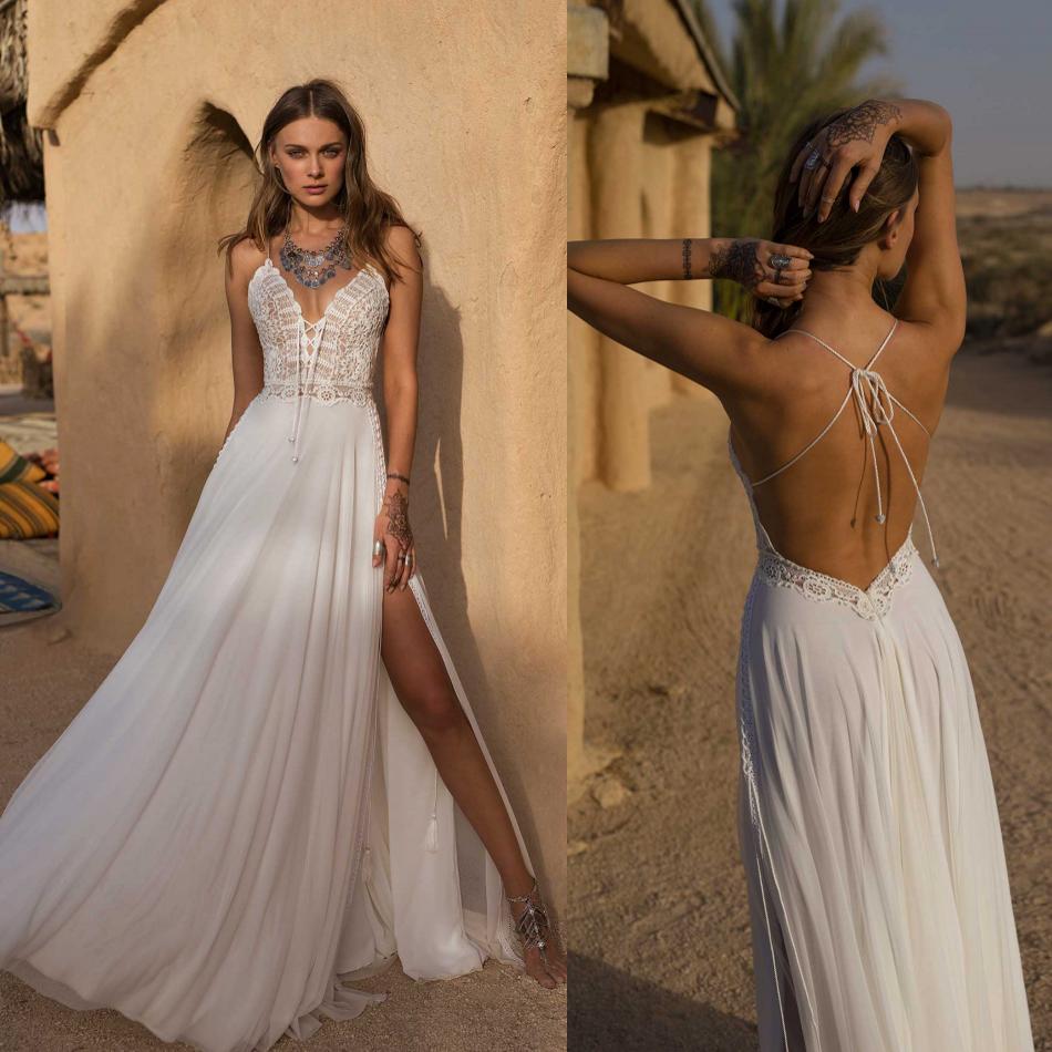 

Asaf Dadush 2021 Wedding Dresses Bohemian Style Bridal Gowns Lace Top Spaghetti Chiffon Backless Boho, Silver