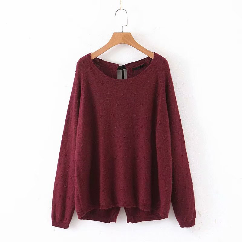 

Autumn Fashion Women Elegant Red Pompon Design Back Bow Tie Sweater Casual Female O-Neck Pullovers Sreetwear Knitwear, As pic