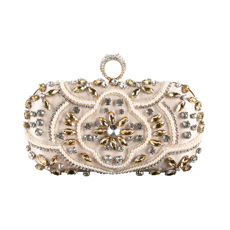 

Wholesale handmade beautiful diamond evening bag beaded clutch with satin for wedding banquet party porm(More colors), Gold