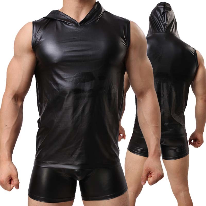 Hommes Faux Cuir Gilet Mode 2020 Débardeur Hommes Sans Manches Casual Solide Hommes Débardeurs Chemise Et Boxer Ensemble T200527