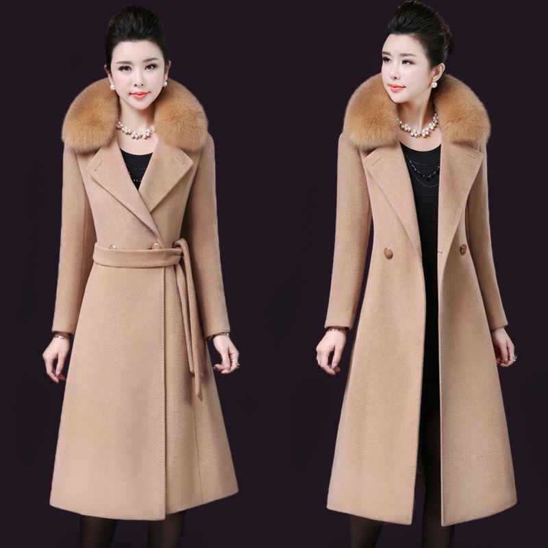 

Elegant Solid Woolen Winter Warm Coats Slim Pockets Office Wool Coat and Jacket Covered Button Fur Collar Ladies Lengthen Coats, Black