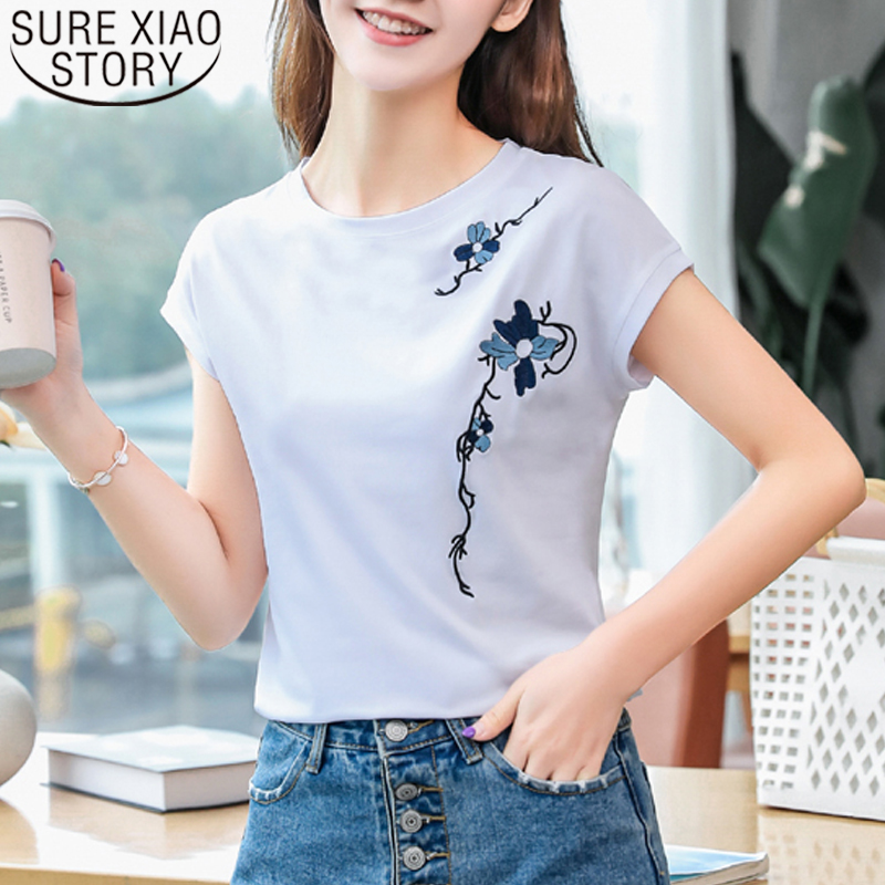 

2020 Summer Fashion Women Tops O-Neck Embroidered Short Sleeve Tee Solid Cotton Loose Shirt Camisetas Feminina Plus Size 8621 50, White