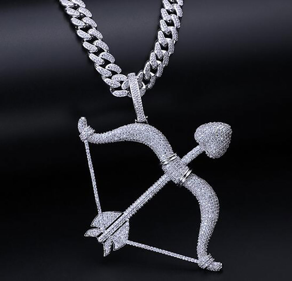 

14K Gold Iced Out Arrow Pendant Luxury Designer Necklace Mens Gold Chain Pendants Diamond Cupid's Arrow Necklace Rapper Singer Jewelry