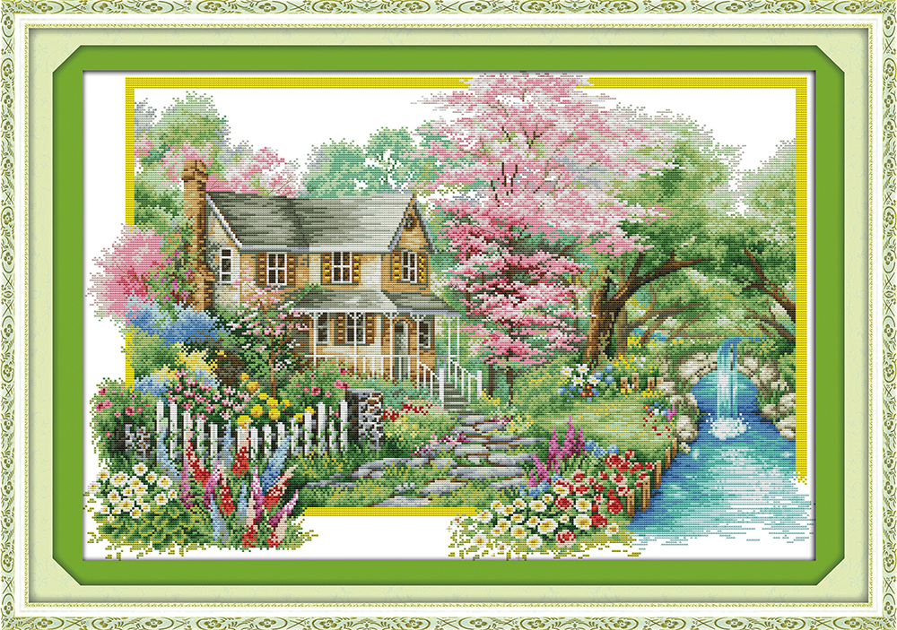 

Flowers villa home decor painting ,Handmade Cross Stitch Embroidery Needlework sets counted print on canvas DMC 14CT /11CT