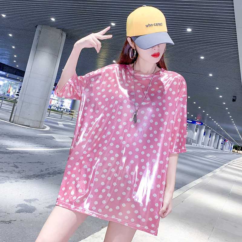 

2020 Summer Women T Shirt Vogue Daisy Shiny Maxi Tshirt Female Floral Plus Size O-Neck Tops Bright Metal Short Sleeve Clothing, Blue
