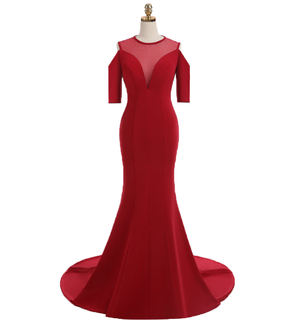 Cheap Red Evening Dresses Jewel Neck Short Sleeve Mermaid Satin Formal Celebrities Prom Cocktail Party Dress robes de soirée-image-436938863