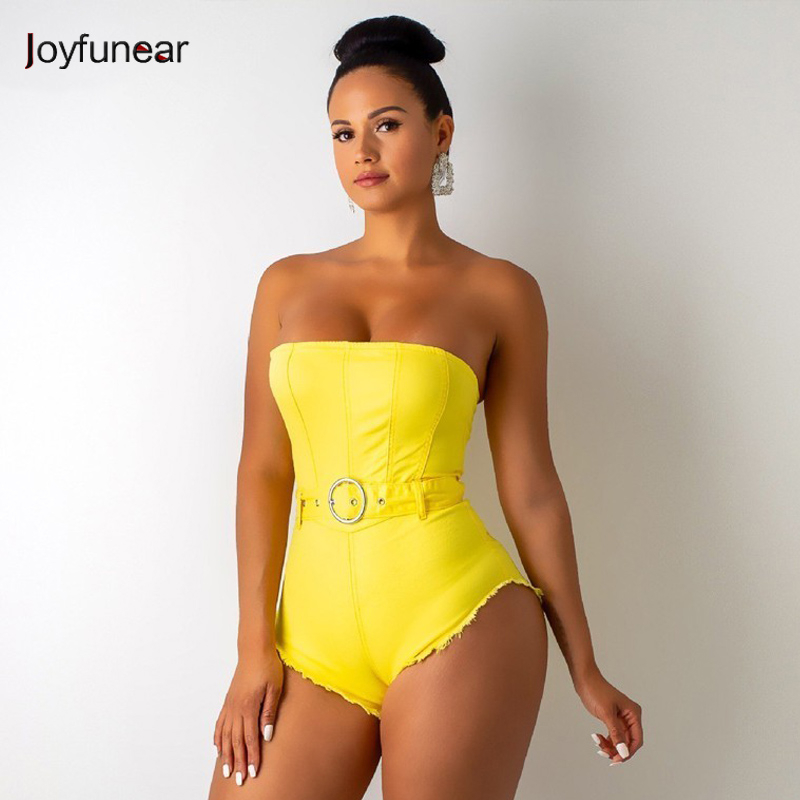 

Joyfunear Summer Sexy Denim Bodycon Bodysuit Yellow Sashes Women Playsuits Fashion Blue Party Jumpsuit Female Romper Clubwear