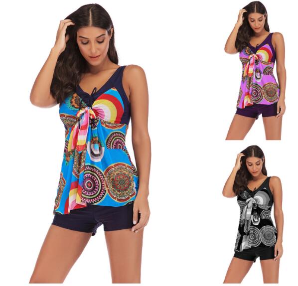 

cheap big Fat plus conservative slim Digital Print Swimwear double shoulder strap skirt split flat angle gradient mesh Bikinis sets