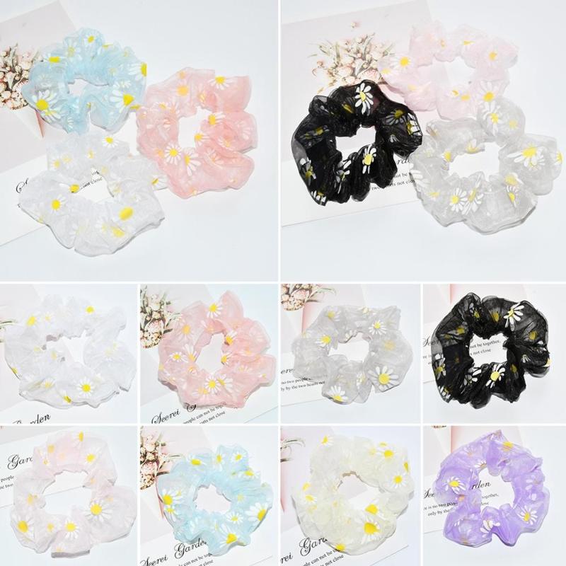

New Elastic Hair Rope Hair Band Ring Small Daisy Chiffon Floral Rope Satin Headband Colorful Jelly Color Band, White