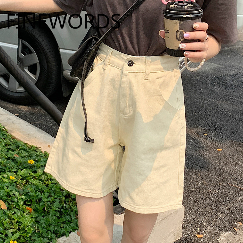 

FINEWORDS 2020 Vintage Wide Leg Beige Jeans Shorts Casual Korean Denim Short Pants Women Loose High Waist Plus Size Shorts Jeans