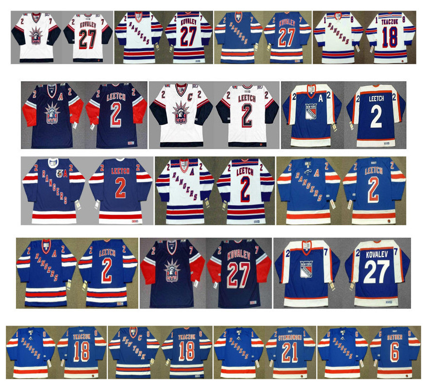 

Vintage New York Rangers Jerseys 2 Brian Leetch 27 ALEX KOVALEV 18 Walt Tkaczuk 21 PETE STEMKOWSKI 6 GLEN SATHER Blue White CCM Retro Hockey, As pic