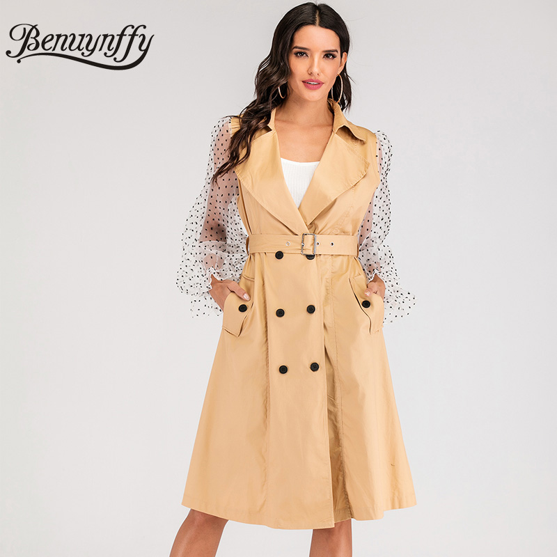 

Benuynffy Vintage Double Breasted Women Long Trench Coat 2020 Spring Office Lady Dot Mesh Sleeve Belt Elegant Coats Outerwear, Khaki