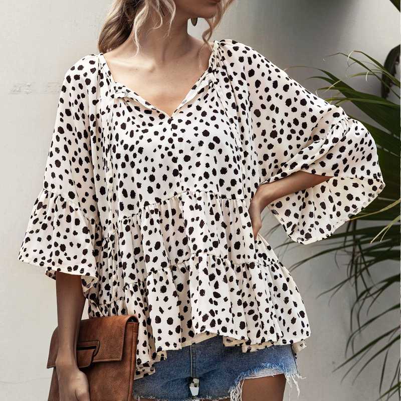 

High Street korean fashion clothing shirt V-neck Little Loose Ruffles print shirt blouse Top 2020 womens tops and blouses, White