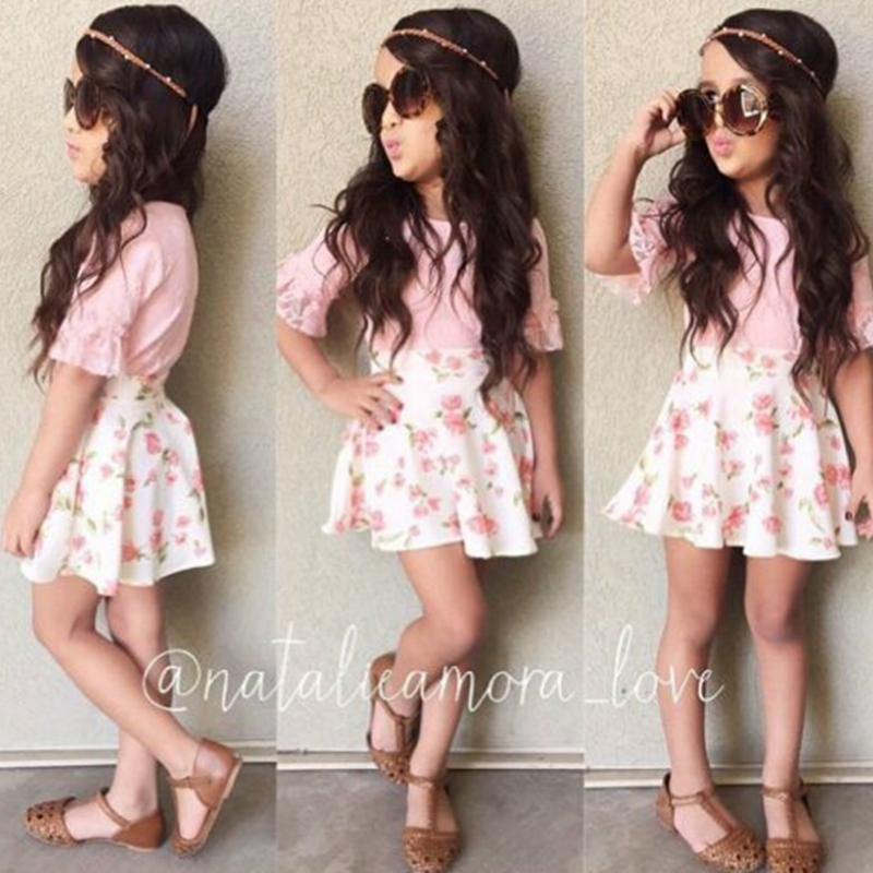 

Fashion 2020 Floral Print Girls Dress Summer Dresses Beach Strap One-line Pink Baby Dress Child Kids Dresses for Girls Clothes, Pk