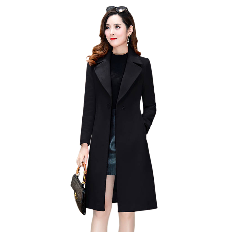 

2019 New Winter Slim Plus Size Women Woolen Jacket Casual Pocket Medium Long Solid Color Long Sleeve Winter Wool Coat Women Coat, Black