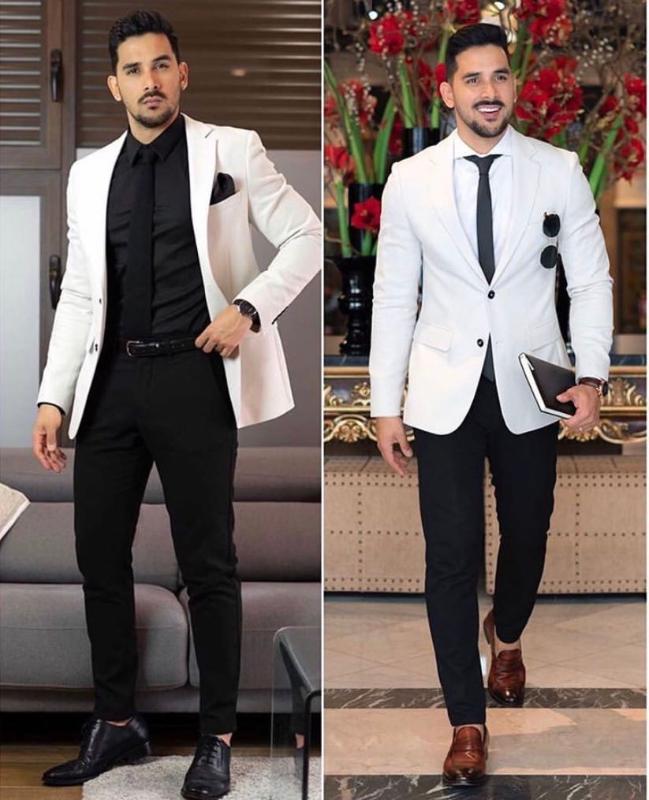 

2020 New Custom Made White Men's Suit With Black Pants Two-piece Suit Slim Business Casual Mens Suits(Black+Pants