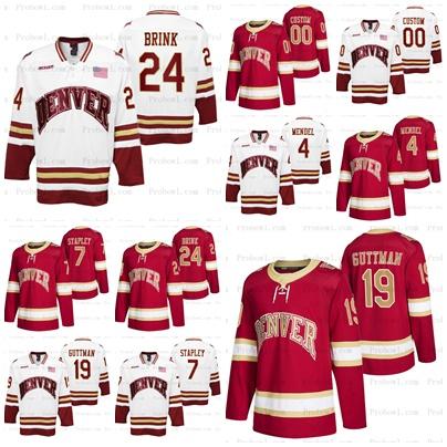 

CUSTOM Denver Pioneers NCAA College Hockey Jersey 24 Bobby Brink 7 Brett Stapley 19 Cole Guttman 4 Griffin Mendel ANY NAME ANY NUMBER, Black