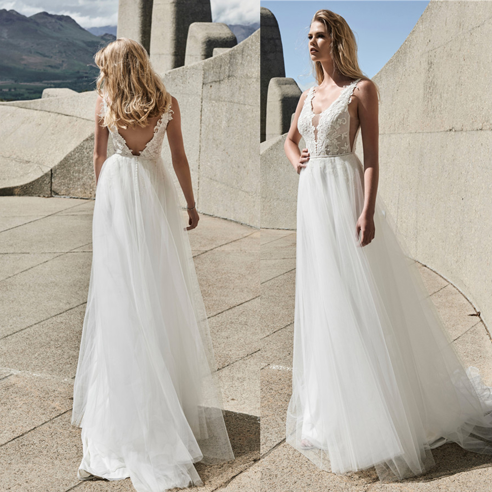Elbeth Gillis 2021 Wedding Dresses V Neck Lace Appliques Beach Bridal Gowns Custom Made Backless Sweep Train A Line Robe De Soiree