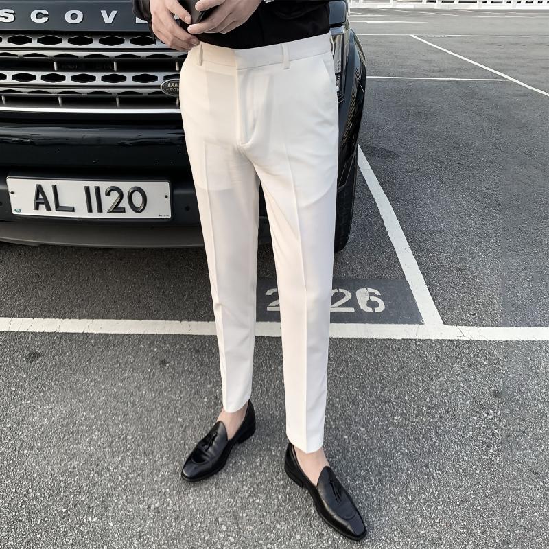 

7 Solid Color White Pantaloni Uomo Korean Spring Summer Luxury Men's Dress Casual Pants Slim Fit British Ankle-length Pants, Black
