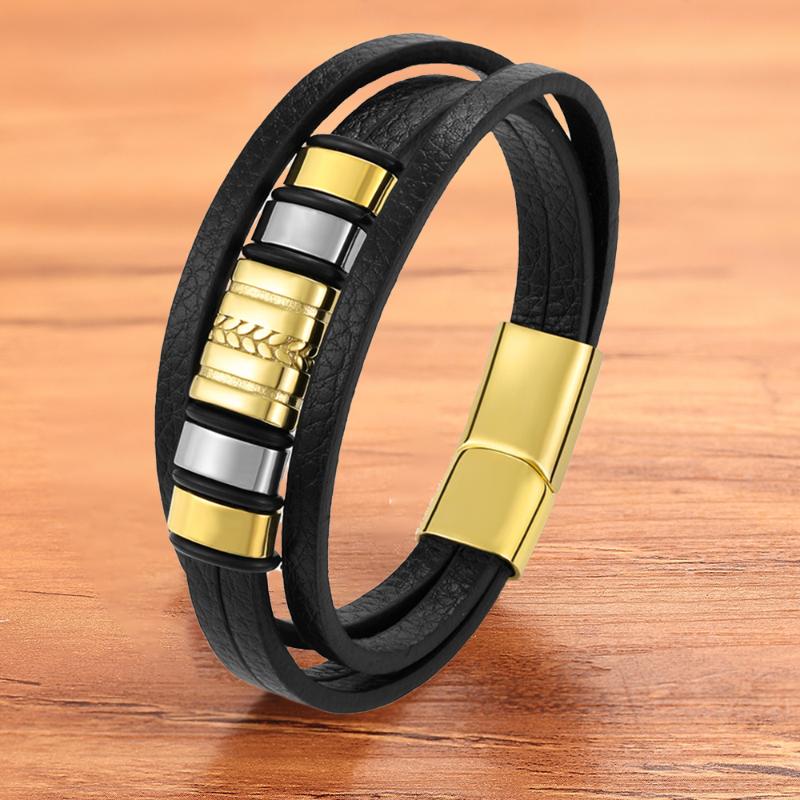 

Charm Fashion Stainless Steel Glod Black Leather Bracelet Men Magnetic Multilayer Braided Rope Accessories Male Jewelry Gift