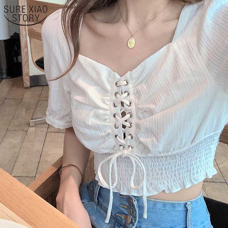 

2020 Summer New Short Sleeve Blouse Women Korean Style Super Short Chiffon Blouse All-match Vintage Lace-up Women' Cloth 10032, White