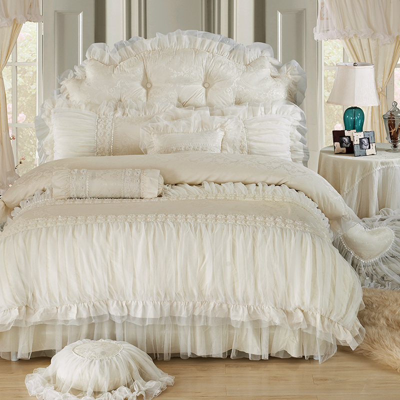 

Beige Lace Princess Quilt/duvet cover king queen 4/6pcs 100% cotton Ruffles bedspread bed skirts bedclothes bedding sets wedding, Red