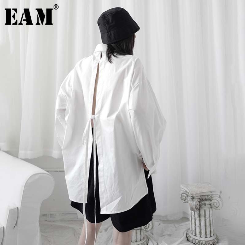 

EAM] Women Back Bandage Split Big Size Long Blouse New Lapel Long Sleeve Loose Fit Shirt Fashion Tide Spring Summer 2020 1W316, Black