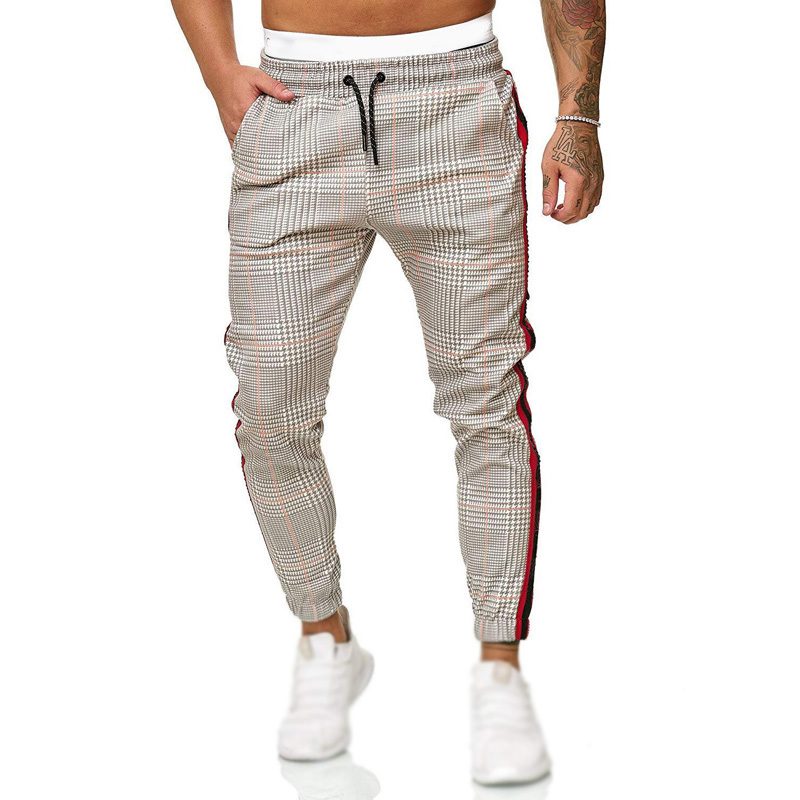 

Men's pants Fashion Midde Waist Sports Trousers Pencil Pants Tights Casual Plus Size vintage retro plaid, Light khaki