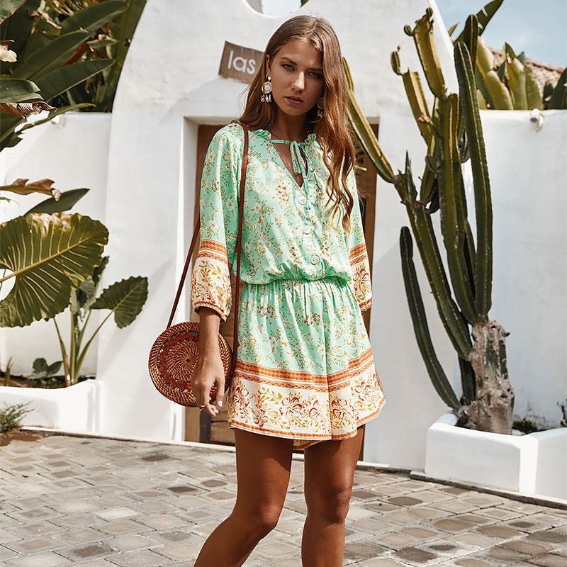 

KNOYEER BOHO vacation Jumpsuit summer women romper Mini Jumpsuits Printed Summer Shorts Playsuit Ladies combi pantalon femme, Green