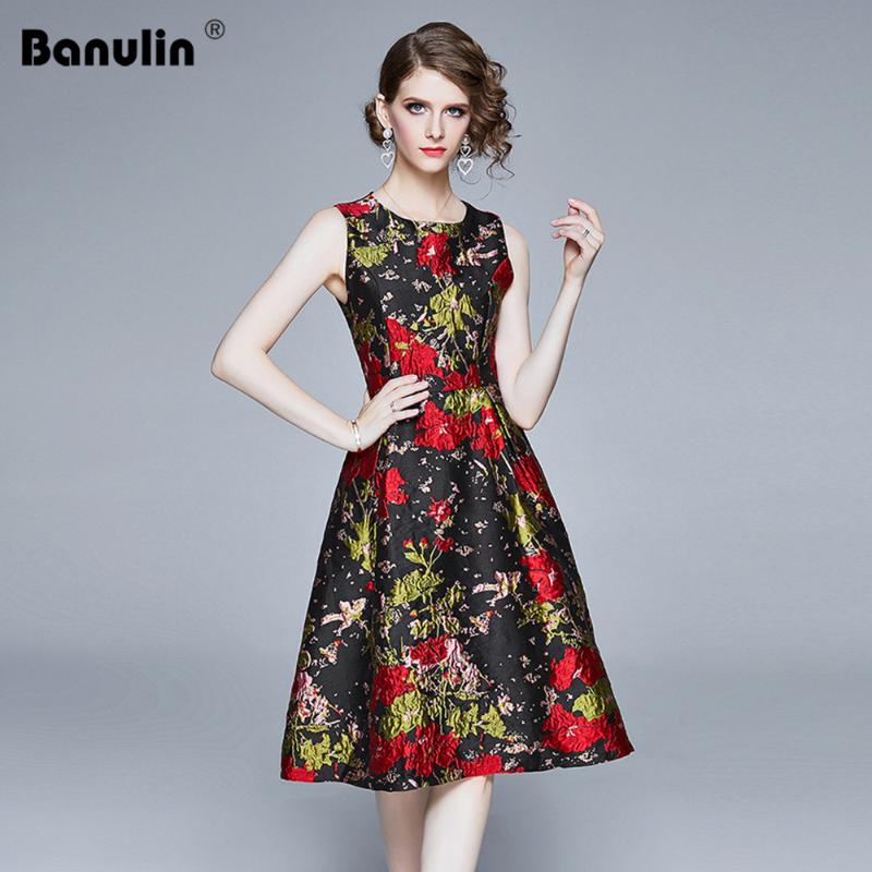 

Banulin Women Elegant Floral Jacquard Dress Party Sleeveless O-neck Tank A-Line Ball Gown Dress High Quality Vintage, Red