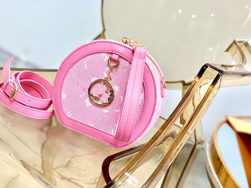 

Bales Female 2020 New Printing Small Round One Genuine Leather Handbag Shoulder Bags Aslant Round Cakes Packages Purses, Pink