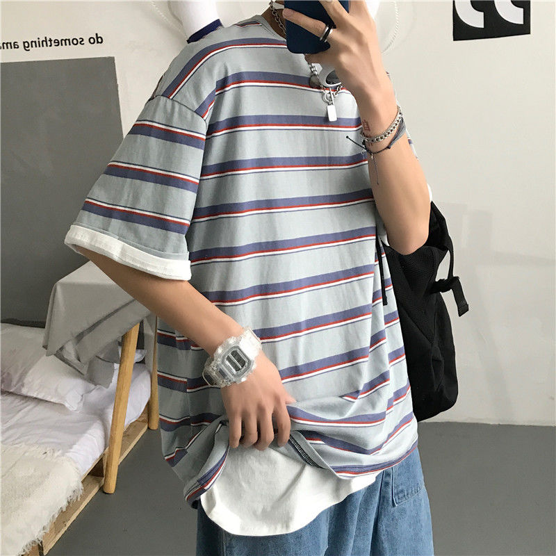 

2020 Summer New Youth Popular Korean Version Loose Striped Five-point Sleeve T-shirt Fashion Casual Round Neck Pullover, Pink