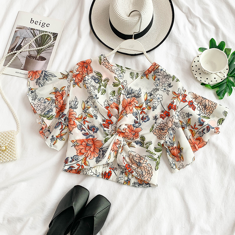 

Summer Elegant Women's Blouse Shirt Korean Vintage Short Floral Chiffon Blouses Sexy Woman Tops Blusas Mujer De Moda 2019 LW431, Yellow