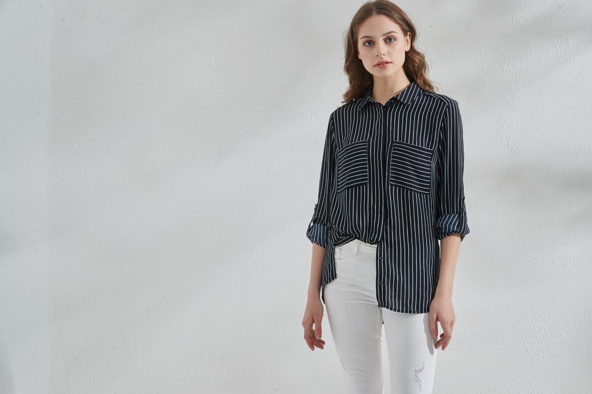 

Women White/Stripe Blouses Basic Selling Button Solid 2020 Autumn Long Sleeve Shirt with pocket Female Chiffon Slim Clothing
