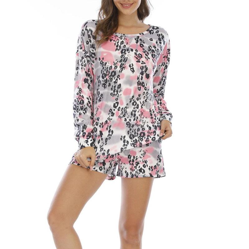 

MISSKY 2 Pcs/set Women's Suit Summer Spring Loose Leopard Print Long-sleeved T-shirt +pants Home Service Suit Female Sets, Blue